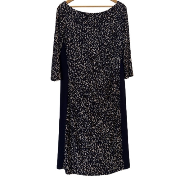 Lauren Ralph Lauren Navy Blue and Cream Ruched Long Sleeve Dress - Picture 2 of 7